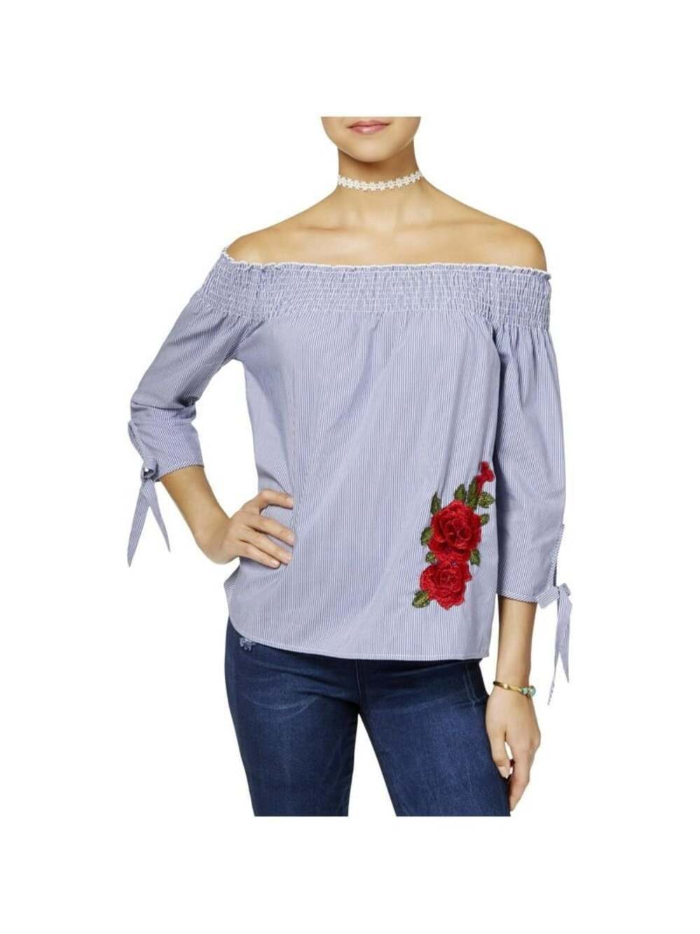 Gypsy & Ivy Off-The-Shoulder Blue Pinstripe Top with Red Rose Embroidery